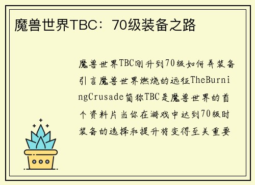 魔兽世界TBC：70级装备之路