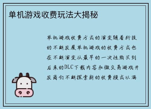 单机游戏收费玩法大揭秘